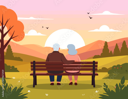 Elderly couple sitting on a park bench, embracing and watching the beautiful sunset over a serene landscape with hills and trees.