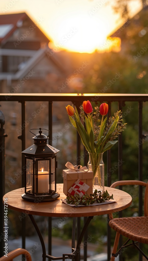 Naklejka premium Balcony table with tulips, lantern, burning candle, and gift at sunset overlook
