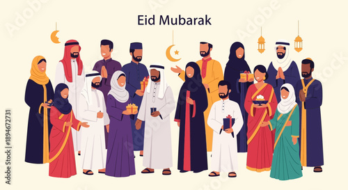Diverse group of people celebrating Eid Mubarak, dressed in traditional and modern attire, with crescent moon decorations.