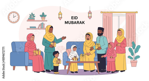 A Muslim family celebrates Eid al-Fitr by exchanging gifts and sharing joy in a warm, decorated living room.
