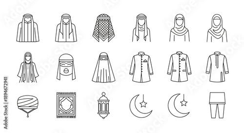 A collection of line art icons representing traditional Islamic clothing, religious items, and cultural symbols.