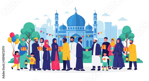 A diverse group of Muslim people celebrating Eid al-Fitr with gifts and mosque in the background.