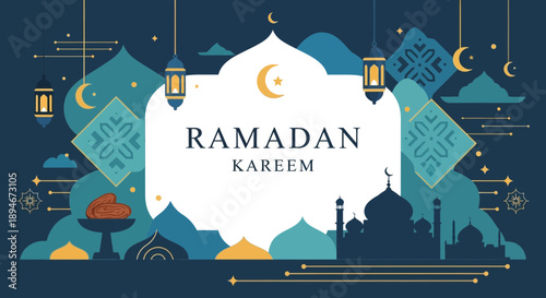 Ramadan Kareem greeting with Islamic architectural elements and crescent moons.