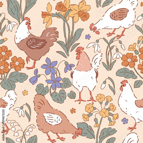 Wallpaper Mural Seamless vector pattern with floral chickens and summer flowers. Hand drawn floral background with white hen. Perfect for textile, wallpaper or nursery print design.  Torontodigital.ca