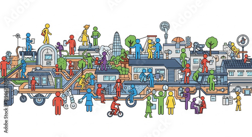 Diverse community of people and buildings illustration.