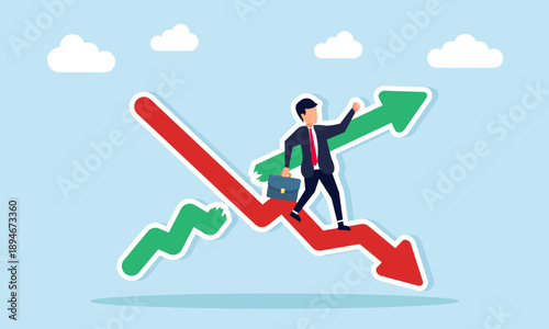 Businessman climbing a red declining chart crossing a rising green chart illustrating business performance decline