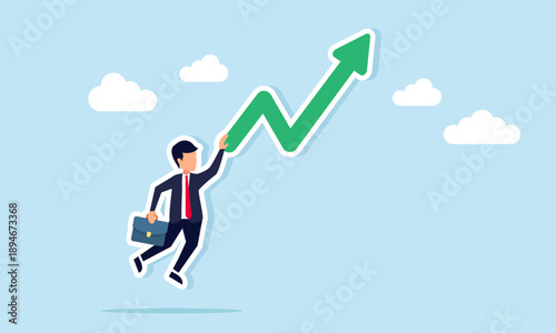 Businessman almost falling while holding a increase green chart illustrating business performance improvement