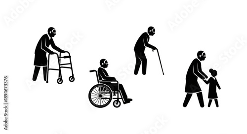 Diverse elderly people with mobility aids and a child.
