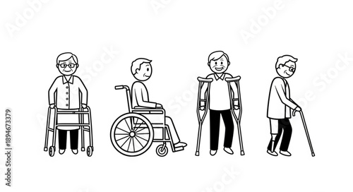 Diverse elderly people with mobility aids illustration.
