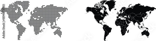 Black map composed of dots and solid black continents