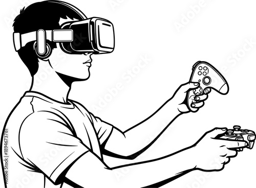 Young man wearing virtual reality headset and holding gaming controllers for immersive digital experience, metaverse simulation, and futuristic video gaming.
