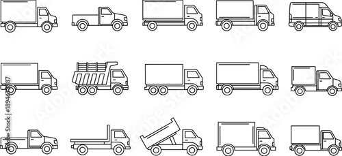Set of commercial vehicle line icons featuring delivery trucks, pickup trucks, dump trucks, and freight vans for logistics and transportation.