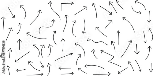 A collection of hand drawn arrows in various directions and styles on a white background