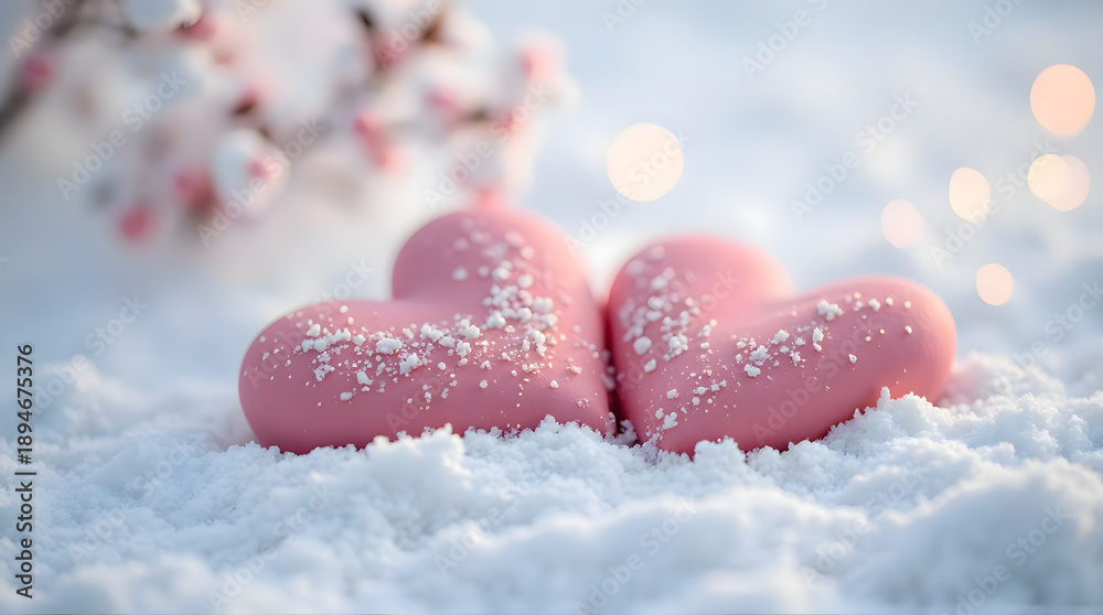 Obraz premium Two Pink Pastel Hearts Nestled in Fresh White Snow with Soft Bokeh Background