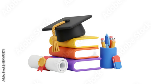 Educational graduation 3d set with mortarboard cap stack of books and diploma in plastic cartoon style