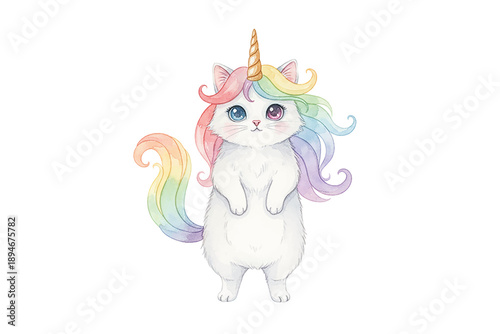 Cute White Cat Unicorn Standing with Rainbow Mane Tail and Horn with Blue Pink Eyes Surrounded by Stars