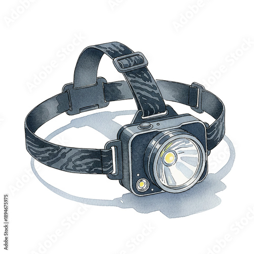 A detailed watercolor illustration of a modern black headlamp with an illuminated main light and adjustable strap