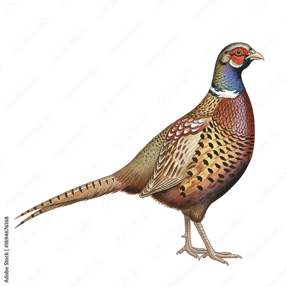 Fototapeta premium Colorful male pheasant standing gracefully in profile with detailed plumage and long tail