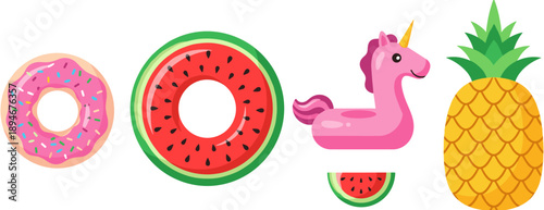 Set of Colorful Summer Pool Floats and Tropical Fruit Icons Featuring Pink Donut Watermelon Unicorn and Yellow Pineapple Vector Graphics