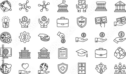 Comprehensive Set of Line Icons Representing Government Finance Global Economy Voting Systems Educational Institutions Healthcare Services Business Management and Community Support