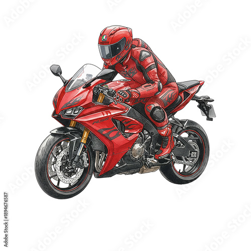 Motorcyclist in a vibrant red racing suit and helmet riding a powerful sportbike with speed