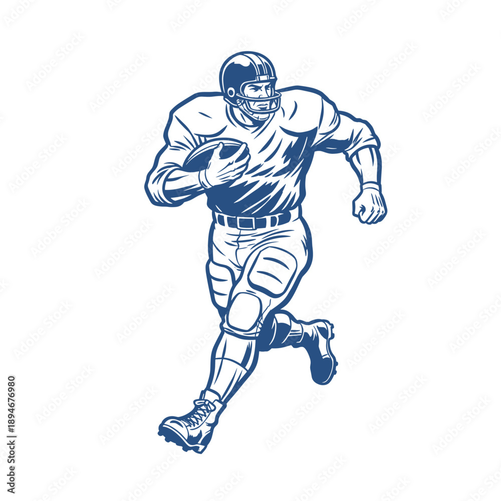 Fototapeta premium American football player vintage artwork. Retro sports graphic design for apparel. Running back with ball sketch illustration. Game day sports club lo