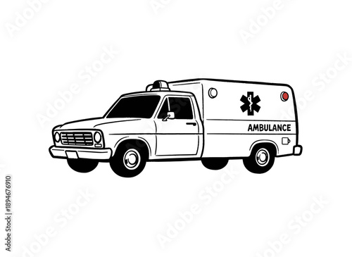 Vintage ambulance vehicle artwork. Emergency medical service truck design. Retro paramedic transport illustration. Old school rescue vehicle graphic p