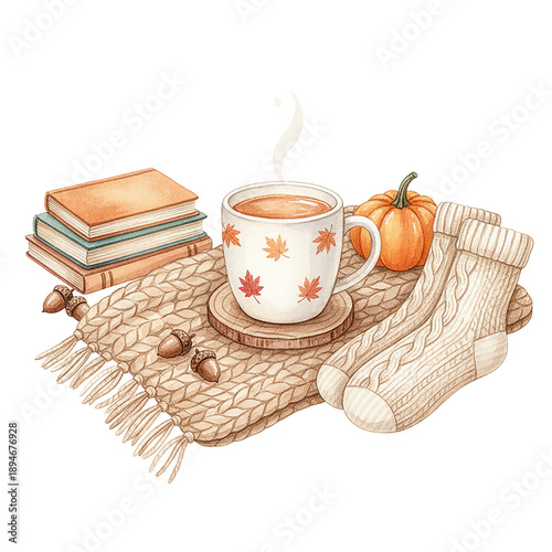 Cozy Autumn Scene with Steaming Mug Books Pumpkin Acorns and Knitted Socks on a Warm Blanket