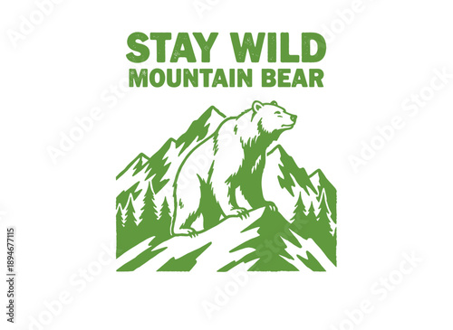 Mountain with bear vintage artwork for t shirt. Mountain artwork for apparel sticker batch. Mountain Outdoors t shirt vector design. Wild and free. Ke