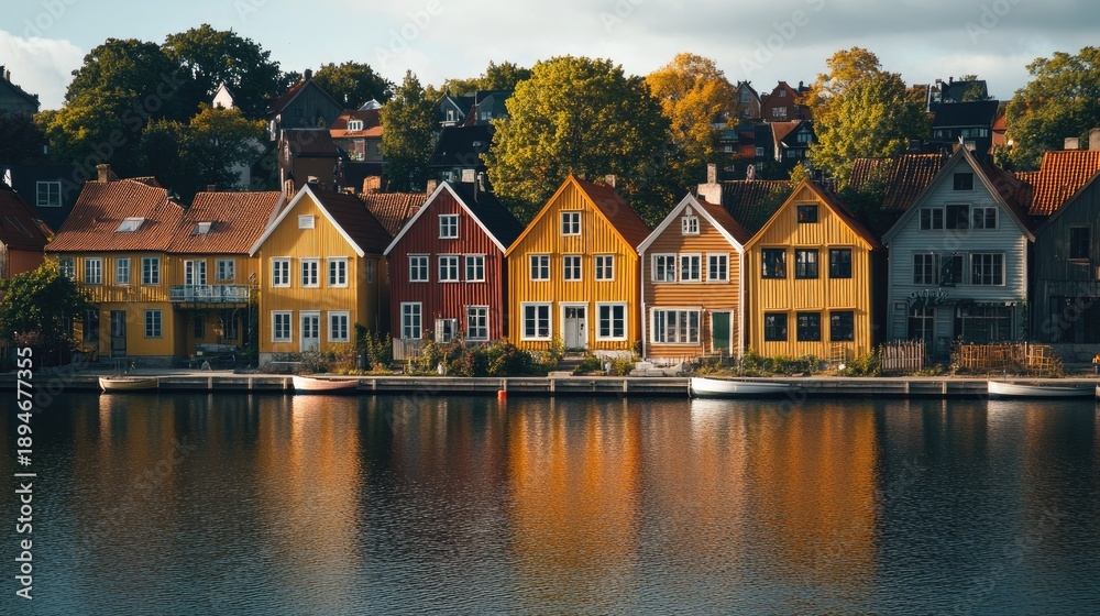 Fototapeta premium Charming Colorful Houses by the Calm Water in Norway