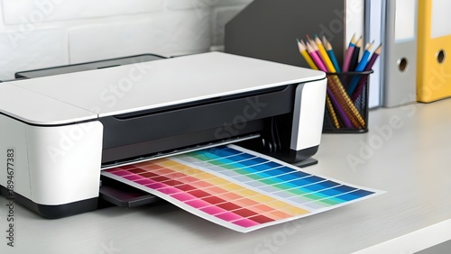 Photo Printer Producing Vibrant Color Test Page, Showcasing Precision Printing Technology, Brilliant Ink Tones, And The Artistry Of Digital Image Reproduction In A Modern Workspace