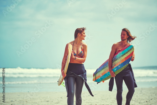 Sticker Holiday, surfer couple and walking on beach for surfing adventure, travel hobby or bonding together