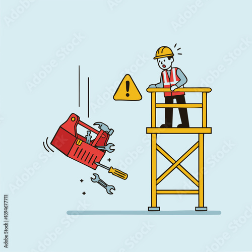 Construction worker dropping tool box from high lift