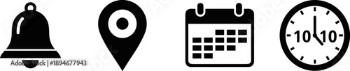 Vector icon set featuring notification bell, location map pin, event calendar, and analog clock for web user interface design and apps.