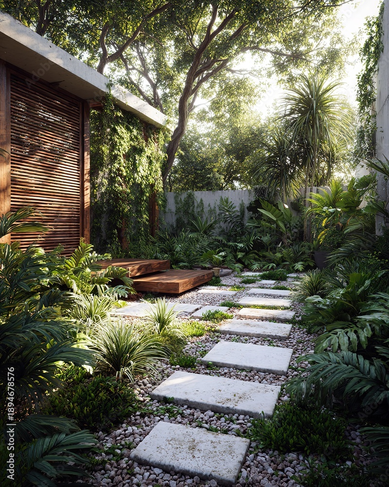 Fototapeta premium Lush Tropical Garden Path with Modern Design Elements