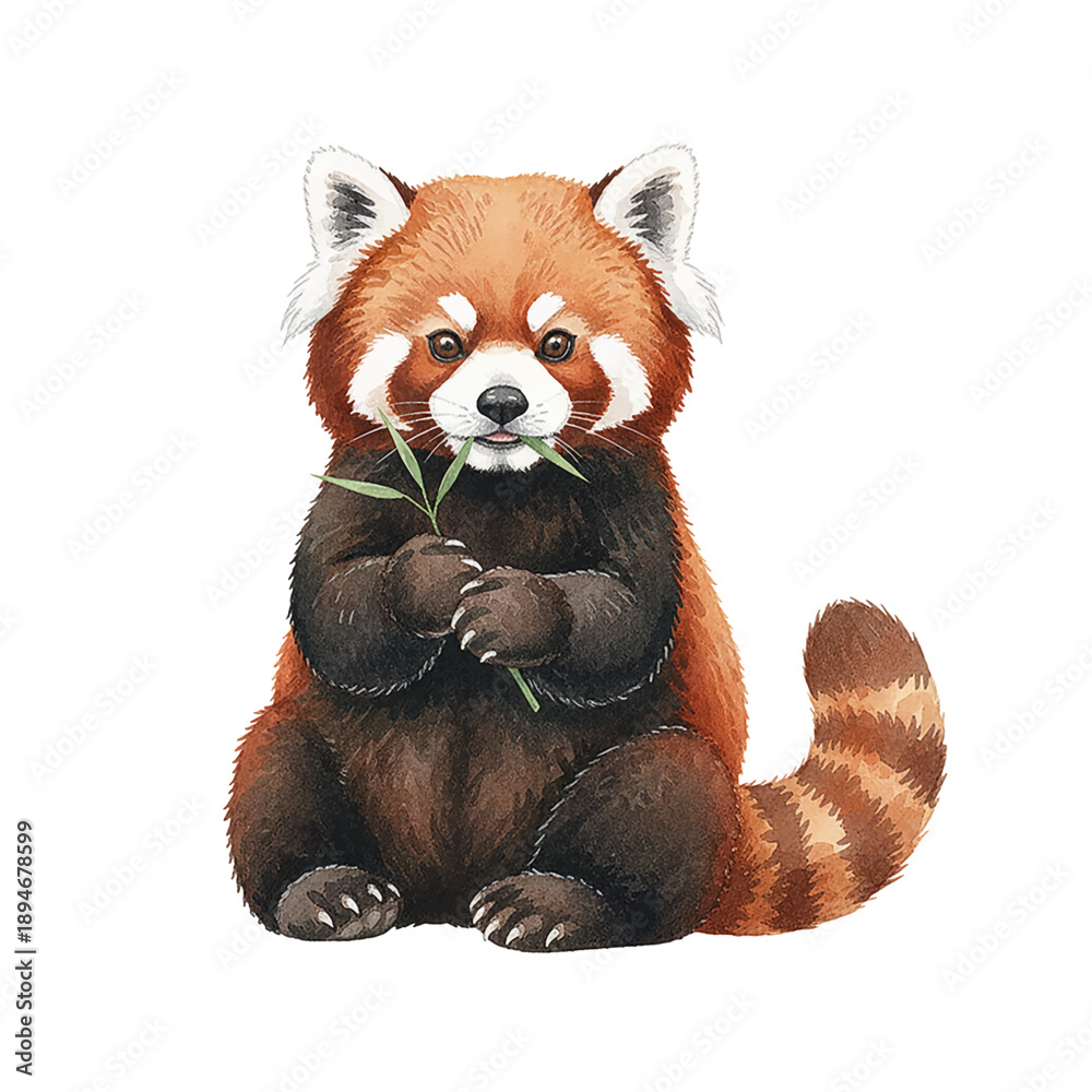 Fototapeta premium Cute Red Panda Sitting Holding Green Bamboo Twig with Calm Expression Watercolor Style Illustration
