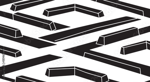 Black and white maze with geometric shapes and lines