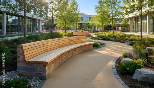 Curved Wooden Bench in Modern Park Landscape