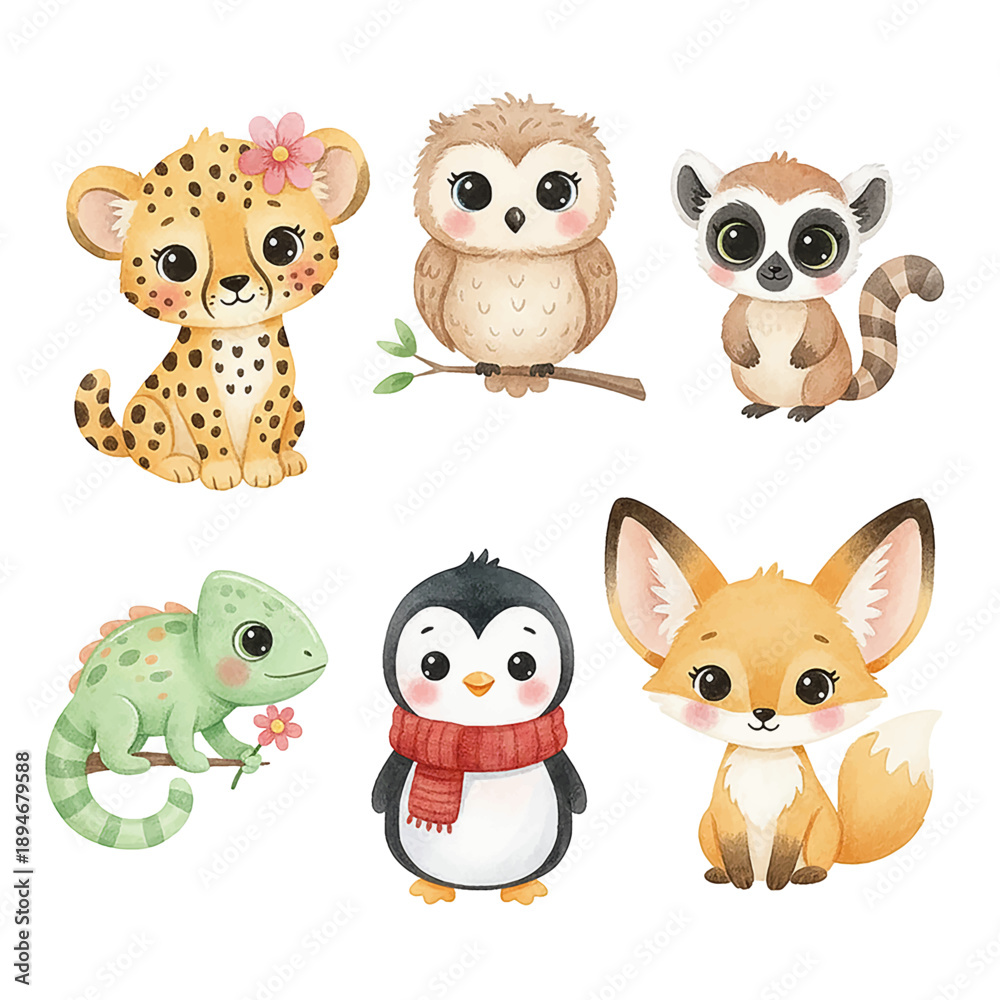 Obraz premium Cute happy baby animals collection watercolor style cheetah owl lemur chameleon penguin fennec fox