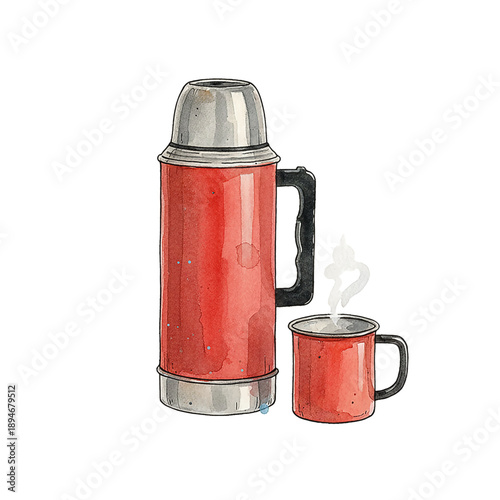 Vibrant Red Thermos Flask and Steaming Enamel Mug Watercolor Illustration for Hot Beverages