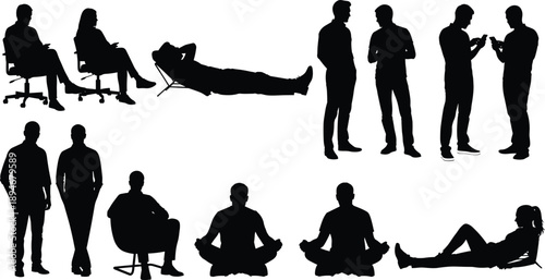 Diverse Set of People Silhouettes Collection Featuring Men and Women Sitting Standing Lying Down Meditating and Talking for Architectural Visualization and Graphic Design Projects