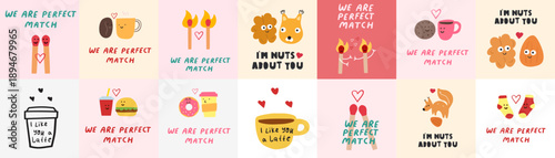 Cute Couples Pun Vector Set for Valentine's Day, Minimalist Flat Design for Cafes and Gift Shops.
