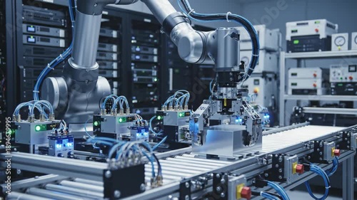 Robotic Arm Precision Assembly on Automated Production Line in High-Tech Smart Factory