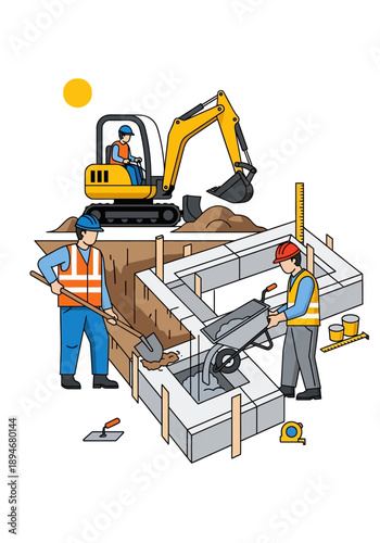 Skilled construction crew diligently working on a new building foundation, employing heavy machinery and manual labor to lay the groundwork for a robust structure