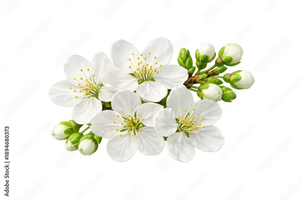 Obraz premium Cherry tree branch displaying white blossoms and developing green buds, signaling new growth and the arrival of spring. Transparent background