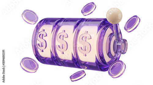 Slot machine with dollar symbols in purple glass style with floating coins for gambling and finance