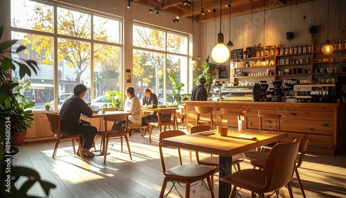 Warm inviting photo of a cozy local café interior with natural wood furniture and soft lighting, people chatting quietly, professional barista at work, peaceful urban lifestyle atmosphere.