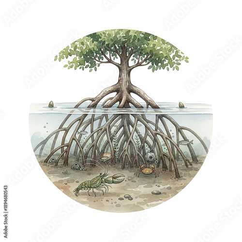 Mangrove tree ecosystem watercolor illustration with underwater roots and diverse marine life shrimp fish crab