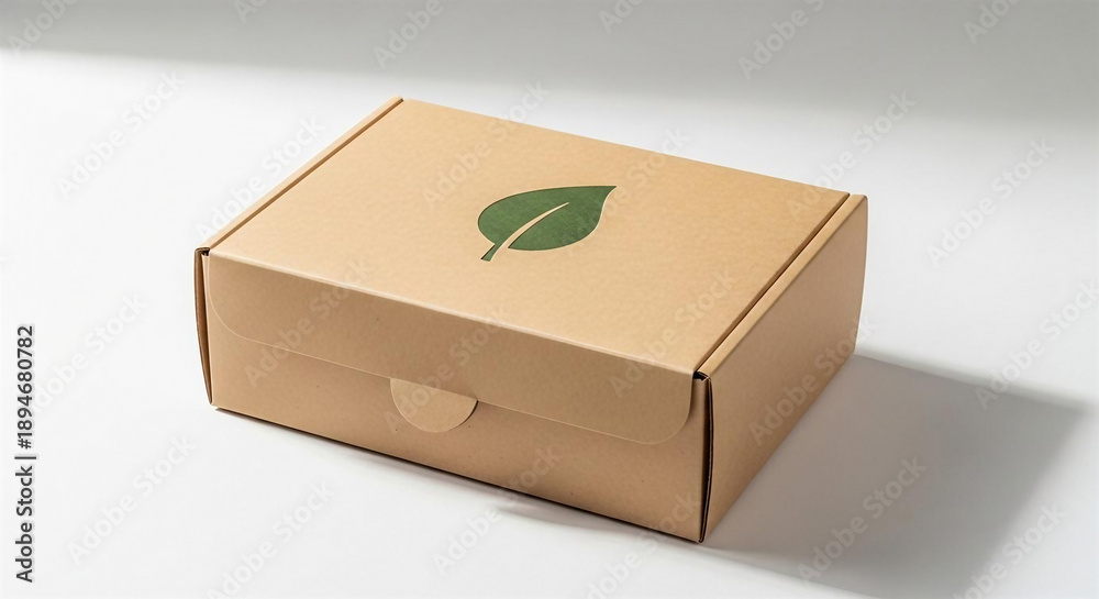 Fototapeta premium Eco-Friendly Recycled Paper Product Box with Green Leaf – Sustainable Packaging Concept