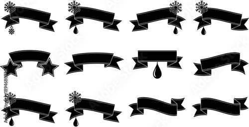 Set of black ribbon banner silhouettes featuring decorative stars snowflakes and droplets for holiday labels invitations and graphic design elements